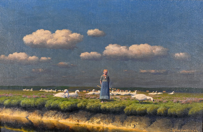 Peasant girl herding geese in the field
