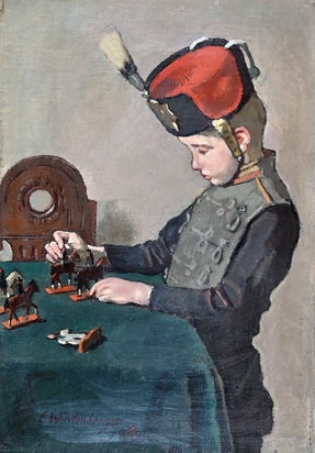 2 works: Mädchen, combing her doll's hair;  Boy playing with wooden figures