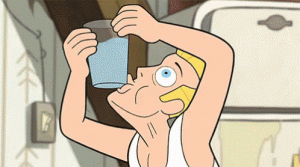 " - Pour le gif c’est pour ma transition entre bouteille et verre d’eau où j’ai essayé en vain de déboucher un verre..."