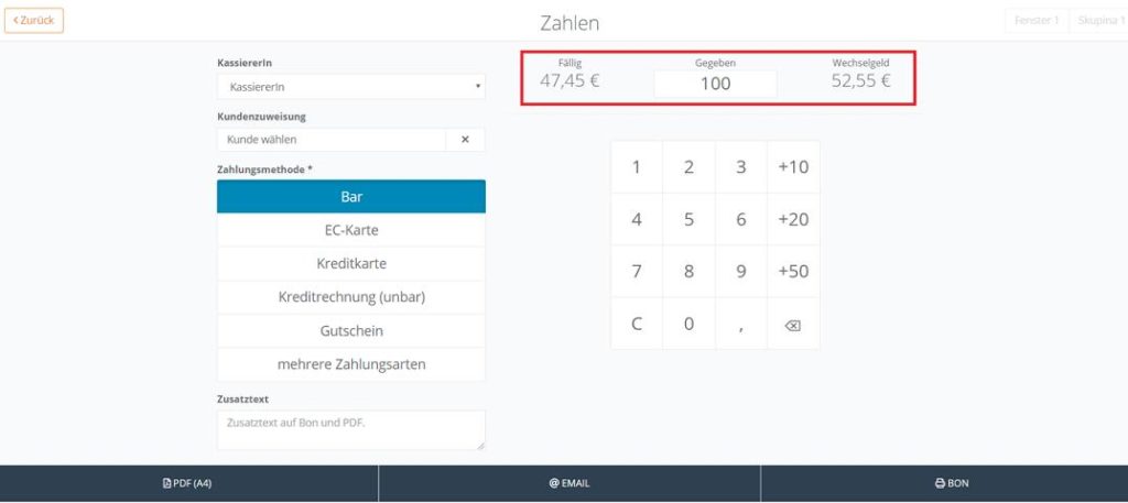 Wechselgeld, Anzeige, Kassa, System