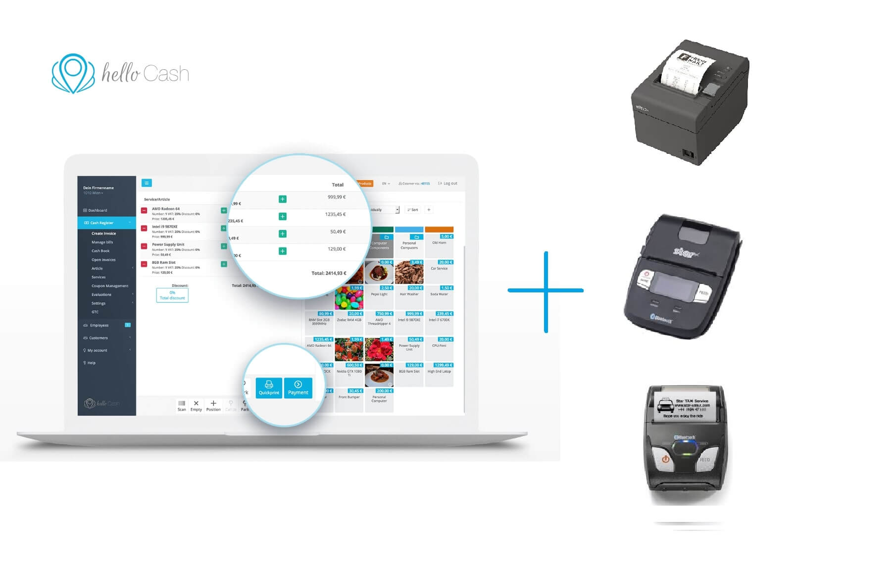 Impresora de tickets de compatible con helloCash, la caja registradora TPV online