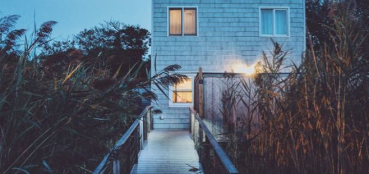 beach house with tall plants at dusk