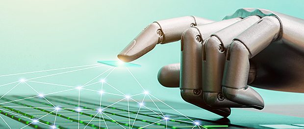 Robot concept or robot hand chatbot pressing computer keyboard enter