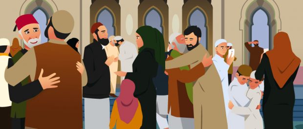 Muslims Embracing Each Other After Prayer in Mosque Illustration