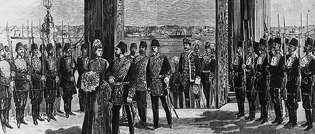 Empfang Kaiser Wilhelms II. und Kaiserin Auguste Viktoria durch Sultan Abdul Hamid II. am Dolma Bagdsche-Palast am 2. 11. 1889