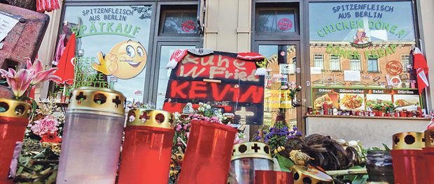 Halle (Saale) Germany Attack Fast food place where was killed one of the victims, Kevin S, flowers candles memory place