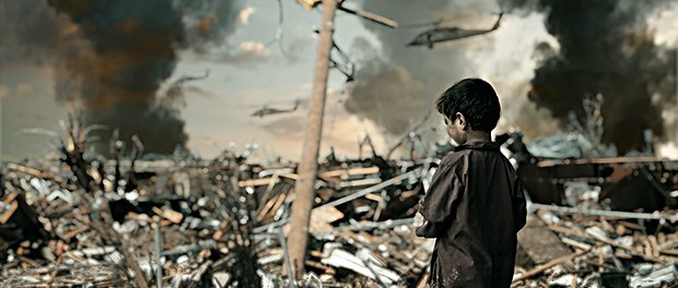 Homeless child crying for his family / Military soldiers killed