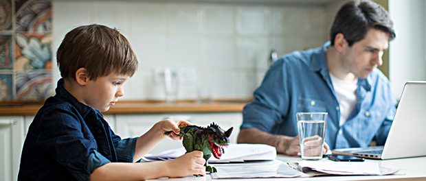 Little son disturbing working freelancer father