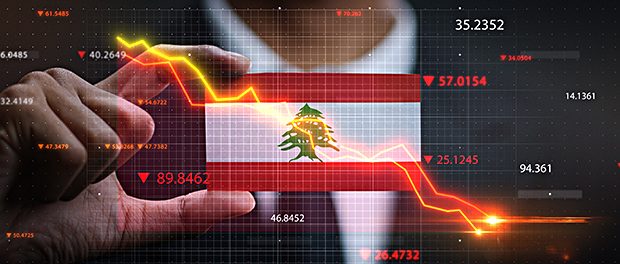 Graph Falling Down in Front Of Lebanon Flag. Crisis Concept