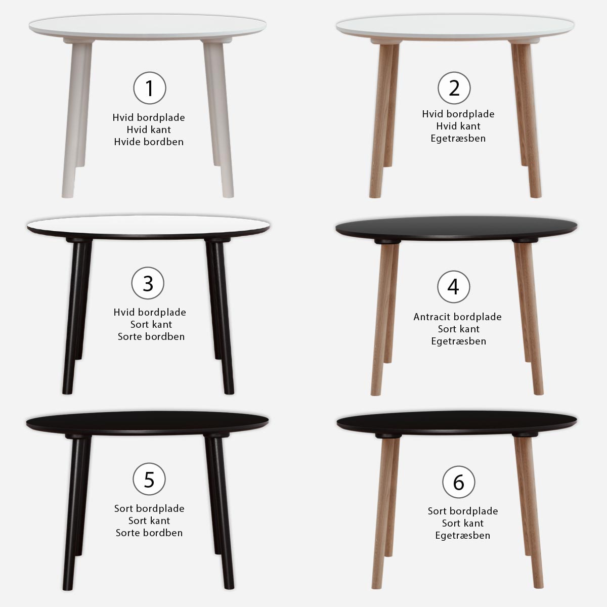 Rundt spisebord med laminat i hvid, sort eller antracit Spisebords bordben