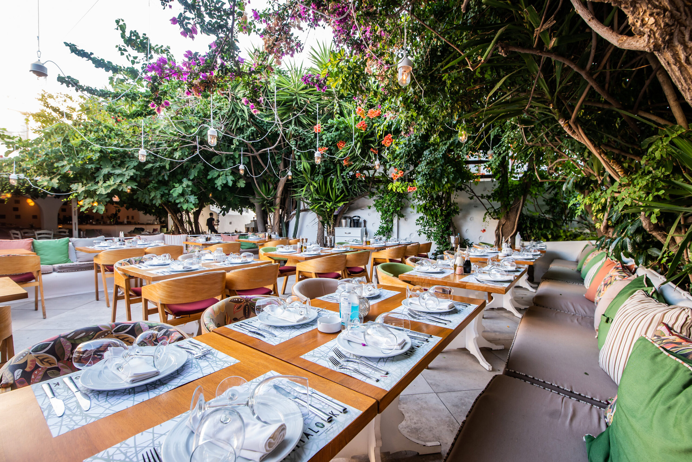 The giant mauve bougainvillea and the lush vegetation, the colourful cocktails and the refined dishes, the cool vibes and the uplifting music create a unique atmosphere in a beautiful yard “hidden” just a breath away from the ultra-popular area of Little Venice. - Secondary Image