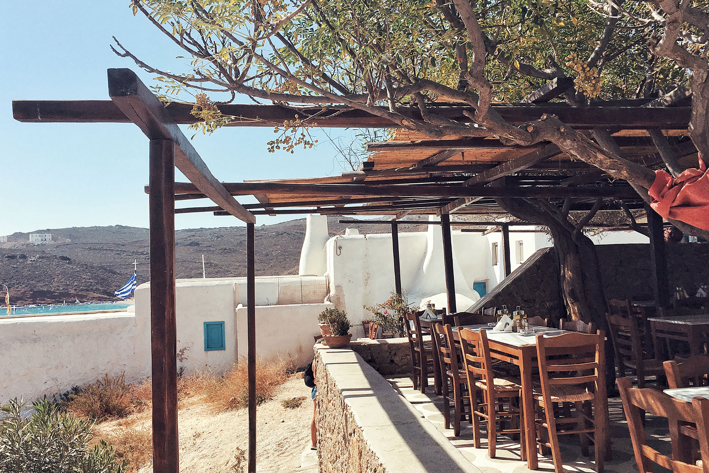 Over the one end of the heavenly and unspoiled gold-sanded beach of Aghios Sostis, where the island’s insiders and savants come to swim naked at the edge of the small cove and feel one with mother nature, stands a traditional tavern that looks more like a treehouse, has no electricity, no phone and applies a strict “first come, first serve” policy. - Secondary Image