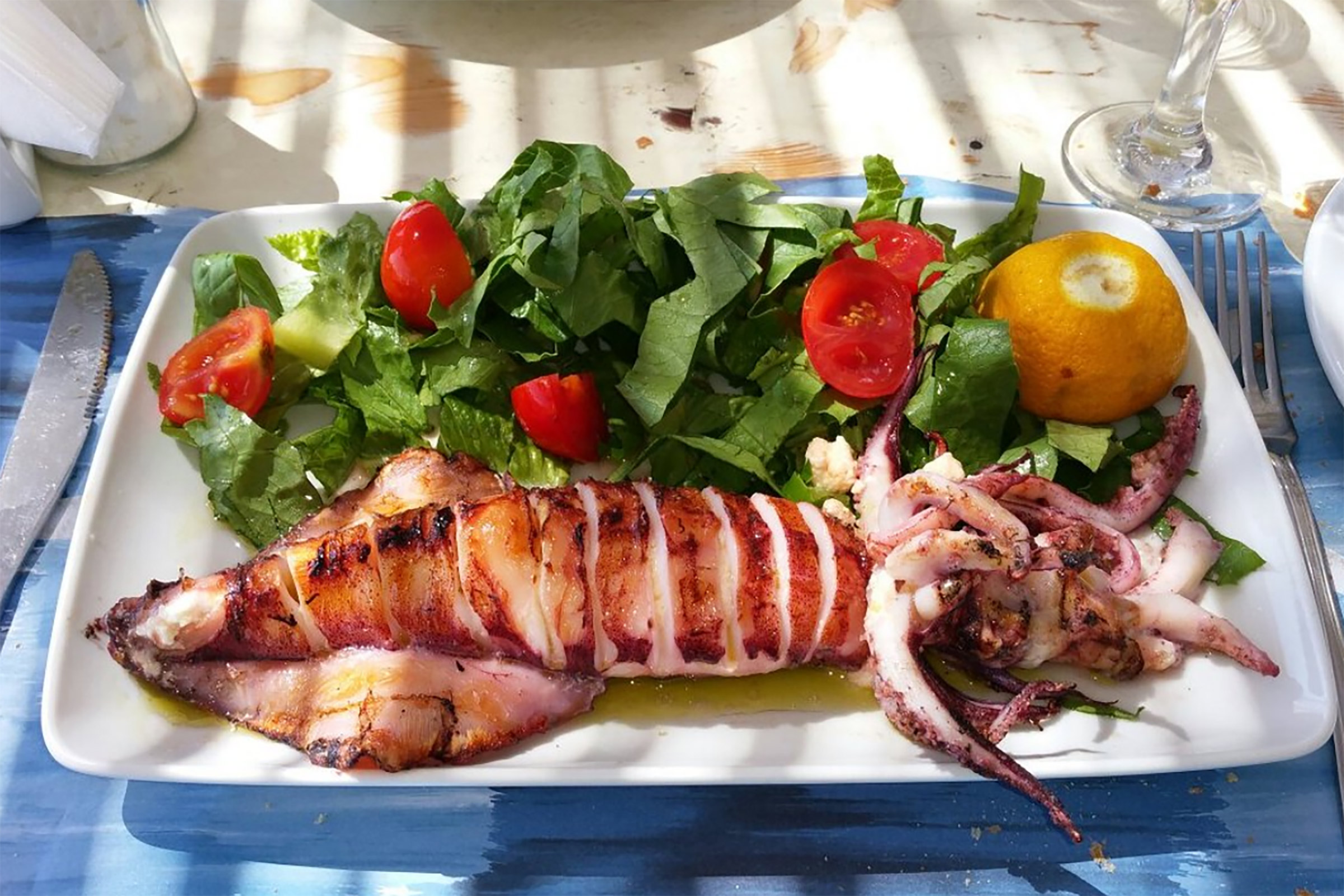 That -for any Greek- means fresh seafood, such as fried kalamarakia, grilled kalamari, grilled or vinegar-boiled octopus, large grilled fish, and traditional Greek dishes, such as gemista (stuffed vegetables with rice and herbs), moussaka (aubergines with minced beef and cream) or kokkinisto (meat cooked in tomato sauce and served with pasta or French fries). - Secondary Image