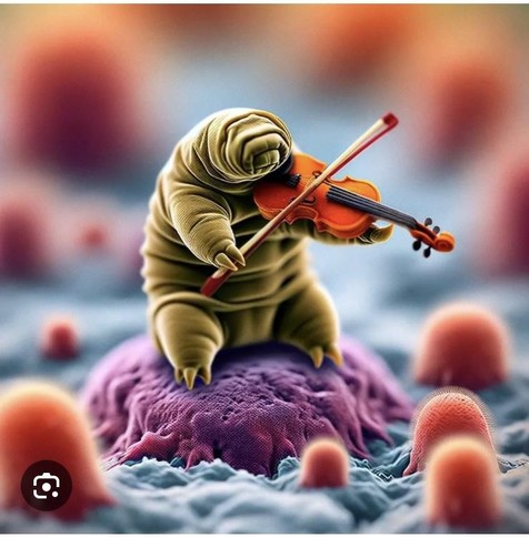 A tiny green tardigrade sits on a wine coloured hump, playing a violin. There are orange humps around it, in a blue background.