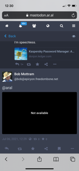 Screenshot of post showing the media as “not available”