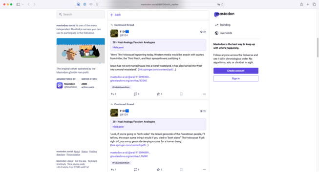 Screenshot of 8124’s timeline showing two of my post highlighted and labelled as antisemitic.