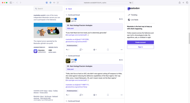Screenshot of 8124’s timeline showing two of my post highlighted and labelled as antisemitic.