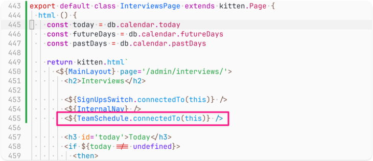 Screenshot of code (the <${TeamSchedule.connectedTo(this)} /> line is highlighted):

export default class InterviewsPage extends kitten.Page {
  html () {
    const today = db.calendar.today
    const futureDays = db.calendar.futureDays
    const pastDays = db.calendar.pastDays

    return kitten.html`
      <${MainLayout} page='/admin/interviews/'>
        <h2>Interviews</h2>

        <${SignUpsSwitch.connectedTo(this)} />
        <${InternalNav} />
        <${TeamSchedule.connectedTo(this)} /…