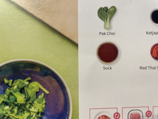 Detail of recipe showing Sock as one of the ingredients (next to a photo of a bowl of stock)