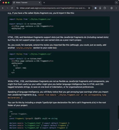 Screenshot of web browser at https://kitten.small-web.org/tutorials/components-and-fragments/#html-css-and-markdown-fragments.

Full text in next post as it hits Mastodon’s arbitrary character limit on alt text.