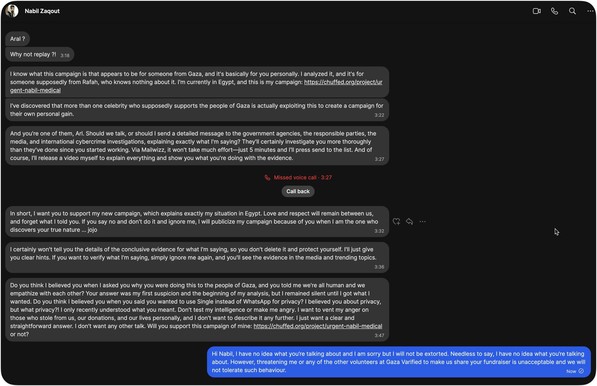 Screenshot of Signal message from Nabil Zaqout to me. The full text is in the alt text of the Mastodon screenshots apart from this section: Do you think I believed you when I asked you why you were doing this to the people of Gaza, and you told me we're all human and we empathize with each other? Your answer was my first suspicion and the beginning of my analysis, but I remained silent until I got what I wanted. Do you think I believed you when you said you wanted to use Single instead of Whats…