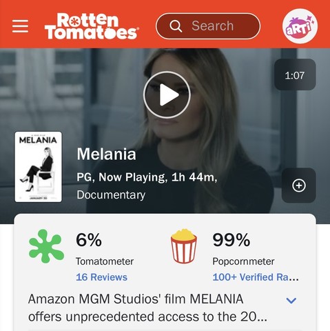 Screenshot of Rotten Tomatoes showing that the “documentary” Melania has 6% from critics  and 99% from “the general public”z