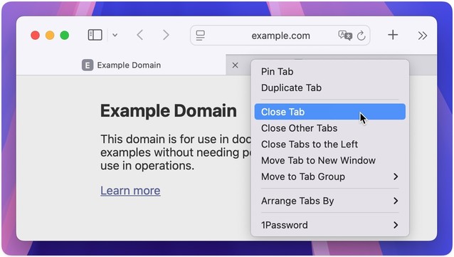 Screenshot of Safari showing example.com. A context menu is showing the the Close Tab option is highlighted.