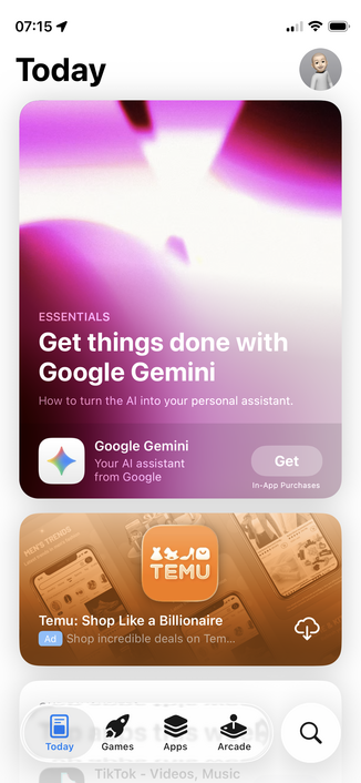 Apple App Store Today screen: huge ad for Google Gemini followed by small ad for TEMU.