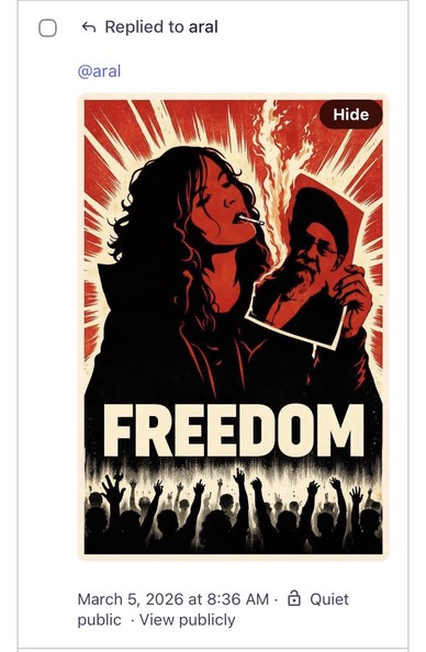 “Meme” of woman burning Iranic clerics photo. Word: Freedom. Crowd cheers.

Not shown: 165 dead school girls.