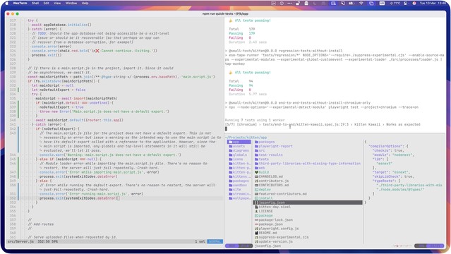 Screenshot of a macOS system with WezTerm running maximised (with a little bit of margin because shiny colourful wallpaper FTW). It’s split into three panes: Helix Editor running in the left with the source code for a file called src/Server.js open. A top-right pane showing unit, regression and end-to-end tests running (179 unit tests passed, 94 regression tests passed, running 7 end-to-end tests, currently at 5/7, running tests/end-to-end/kitten-kawaii-spec.js in Chromium). The lower right pan…