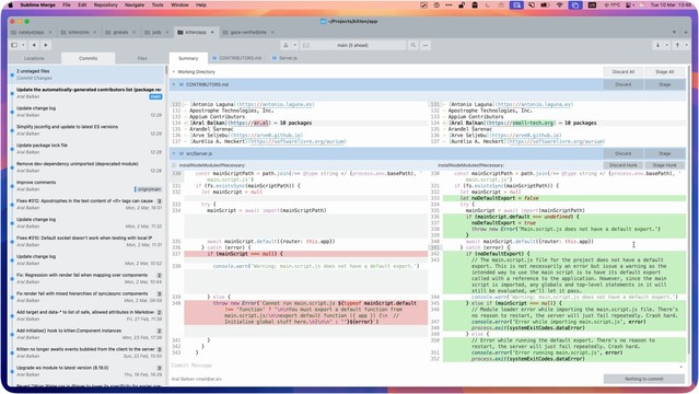 Screenshot of Sublime Merge running maximised, showing 2 unstated files with side-by-side diffs of their changes.