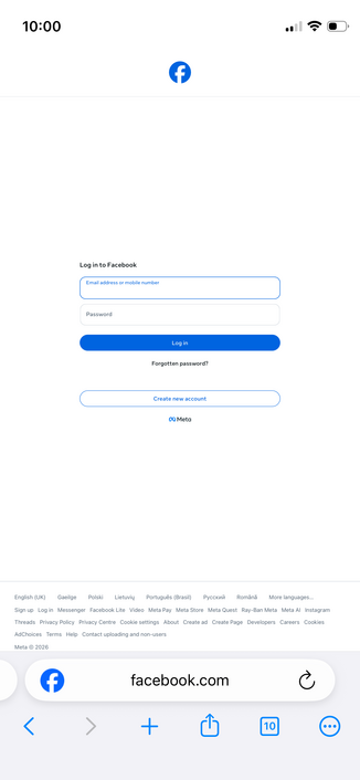 Facebook: Log in to Facebook page