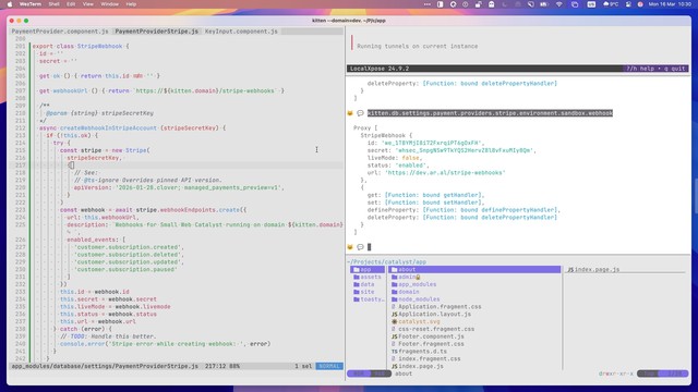 Full-screen screenshot (macOS) of a maximised WezTerm window split into two panes side-by-side, with the one on the left holding a Helix Editor instance with a file called PaymentProviderStripe.js loaded in it showing the source of a class called StripeWebhook at line 201 with code to set up a webhook endpoint in Stripe using the Stripe API and save the resulting webhook endpoint details, including its secret, url, etc.

The right-hand pane is split into three panes stacked on top of each other…