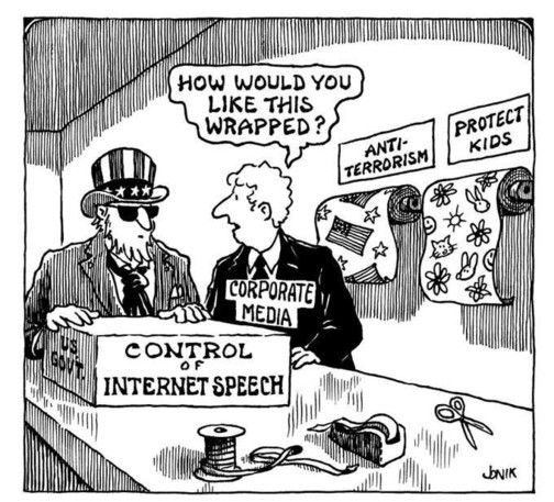 A cartoon of Uncle Sam talking to a person labelled Corporate Media over a box labelled “Control of Internet Speech”
Corporate Media man asks “How would you like this wrapped?” - in the background there are two rolls of wrapping, one labelled “anti-terrorism”, the other “protect kids”.
