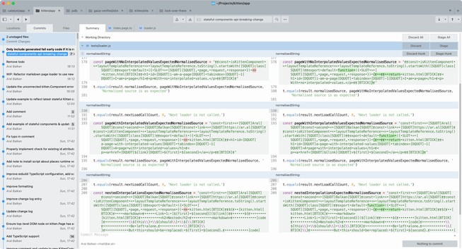 Screenshot of Sublime Merge displaying a lovely side-by-side diff of my ES Module Loader tests for Kitten, making it very clear exactly what has changed between normalised expected values of various Kitten HTML template renders (in this case, the generated code for the page – if it’s a stateless (functional) Kitten page – is defined as a regular function instead of as a closure (arrow function).