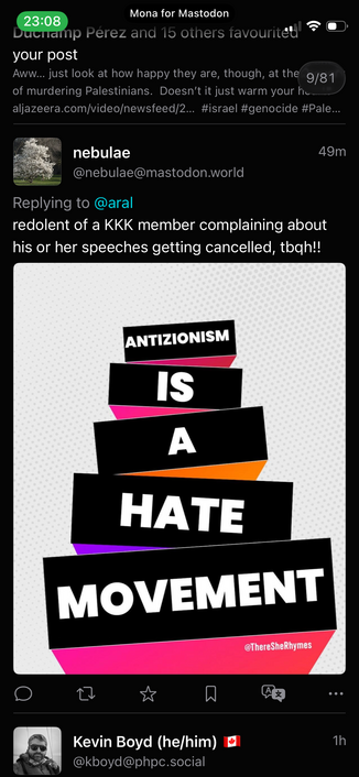 nebulae
@nebulae@mastodon.world
Replying to @aral
redolent of a KKK member complaining about his or her speeches getting cancelled, toah!!
49m
ANTIZIONISM
IS
A
HATE
MOVEMENT
@There SheRhymes