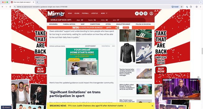 Screenshot of the Mirror rag’s web site inundated with ads to Take That, a dream home, and tonybet.