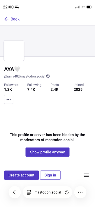 Gaza Verified team member Aya’s profile hidden on mastodon.social.