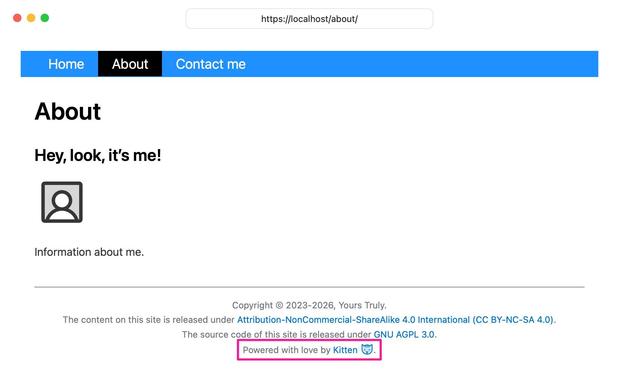 Screenshot: A generic web browser showing the render of a page in the sample Kitten site showing the footer rendered. It reads Powered with love by Kitten with a blue (link-coloured) Kitten icon next to the word Kitten (as a single link).