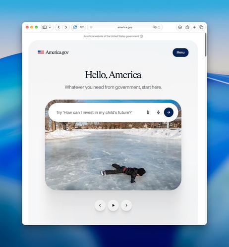 america.gov web site with AI chat interface suggestion “Try ‘How can I invest in my child’s future?’”, illustrated with a photo of a child with ice skates face planted on a frozen lake.