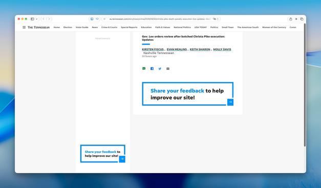 Screenshot of a barren page on The Tennessean’s web site showing just the headline and byline of an article. The rest of the page is empty except for a banner ad column on the side, some social media icons and two “Share your feedback to help improve our site!” banners. The text of the article is nowhere to be seen.