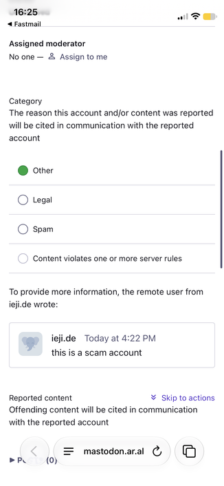 Screenshot of report I received about Gaza Verified from ieji.de (from a German instance? I’m shocked! Shocked!): “this is a scam account”
