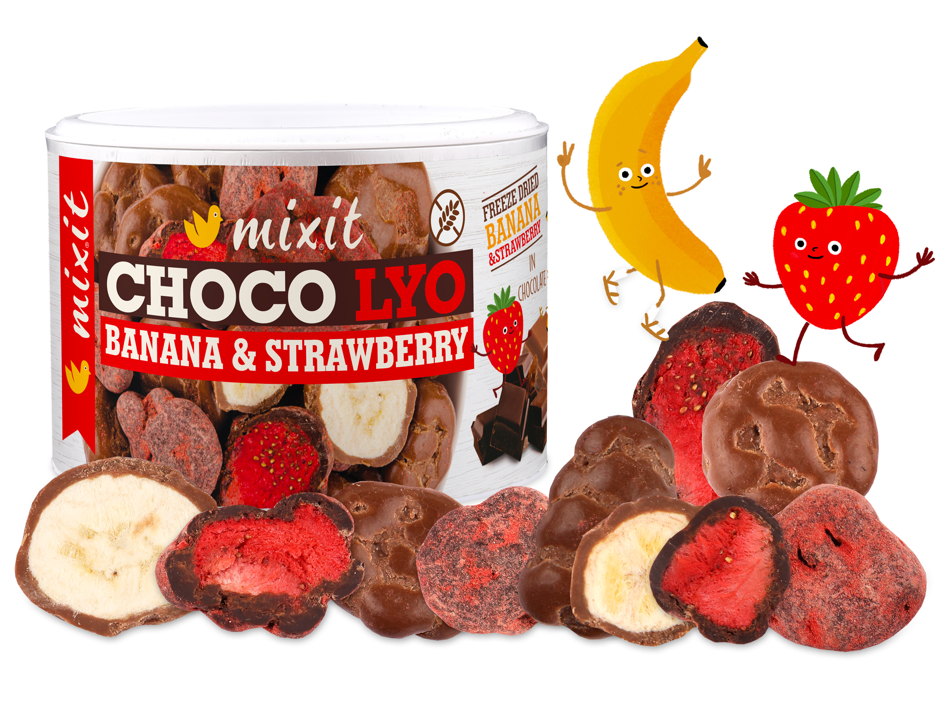 Křupavé banánky a jahody v čokoládě MIXIT 150 g