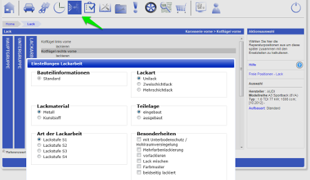 Screenshot des neuen TecRMI Moduls TecPAINT, das Informationen zur Kalkulation von Lackierarbeiten liefert.