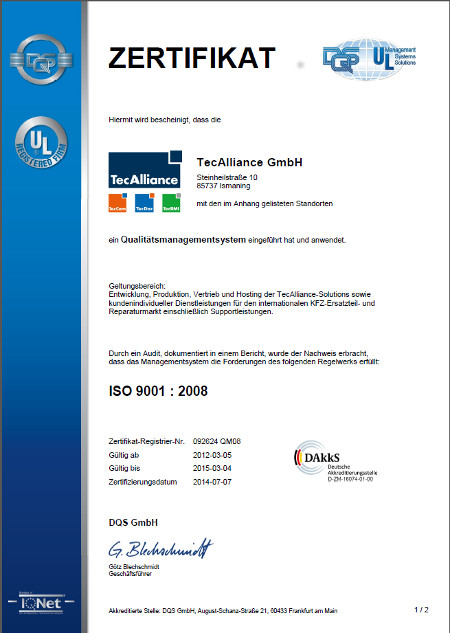 Die Zertifikatsurkunde der TecAlliance GmbH