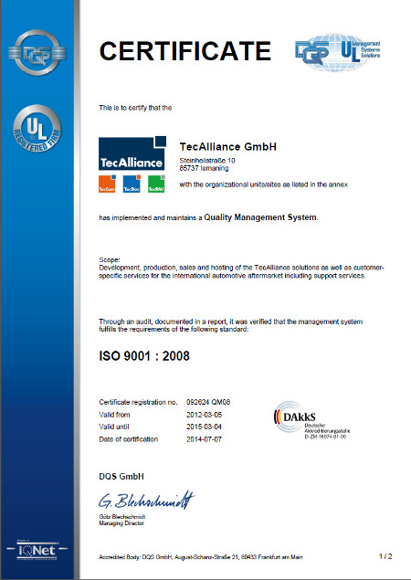 The Certificate for TecAlliance GmbH