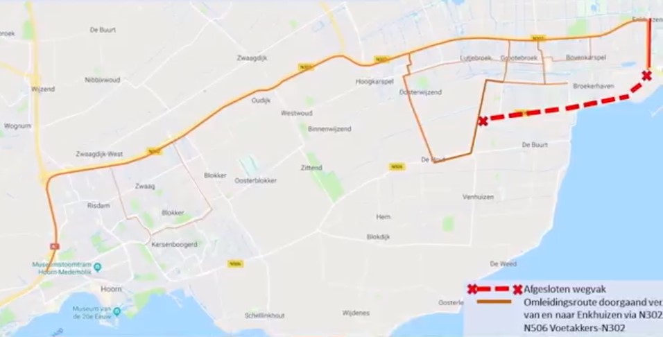 Afsluiting N506 tussen Lutjebroek en kruispunt N302/Enkhuizen - OnsWestfriesland.nl