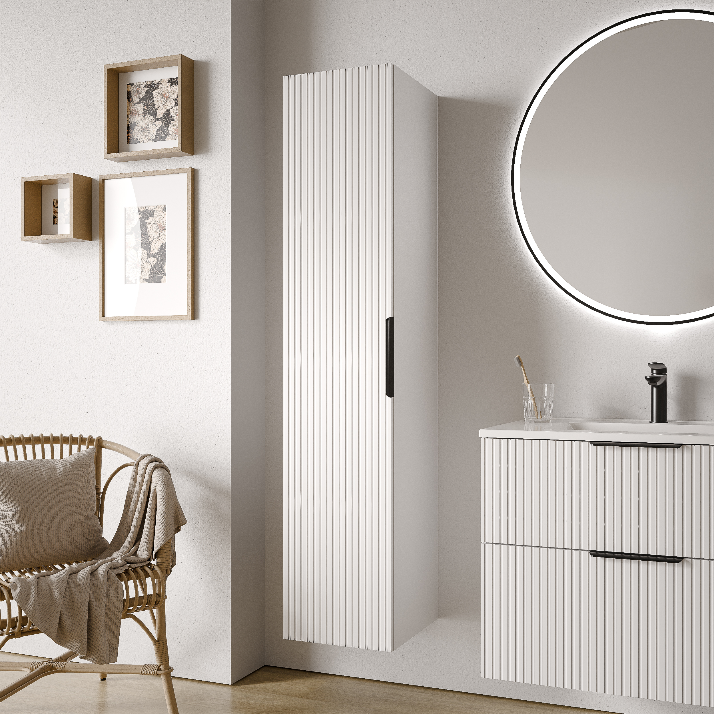 Chêne strié / Noir mat / Rond