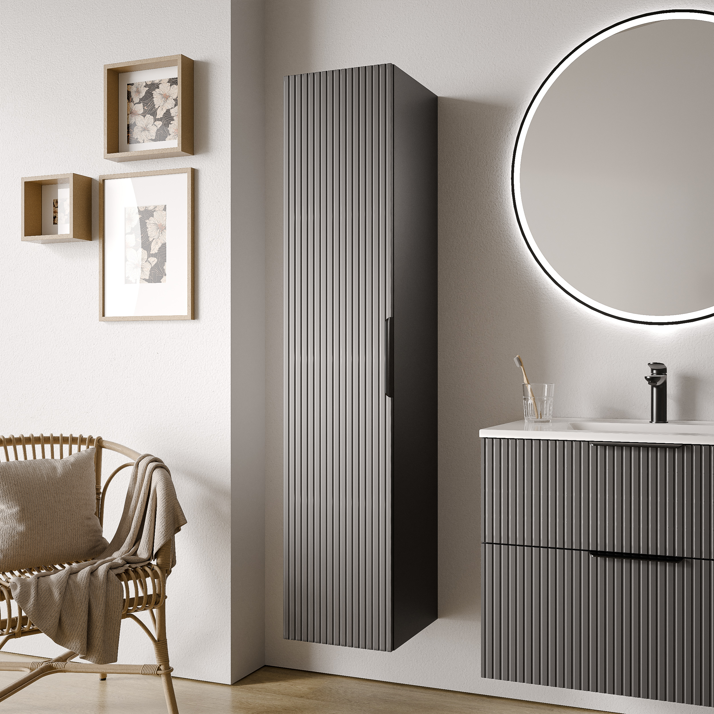 Chêne strié / Noir mat / Rond