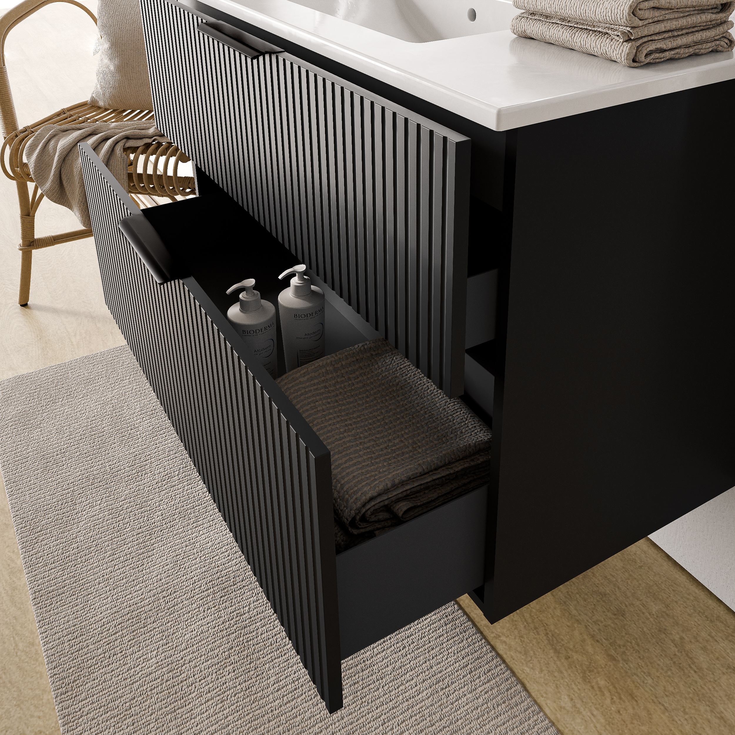 Eiche Nebelgrau profiliert / Schwarz matt / Rund